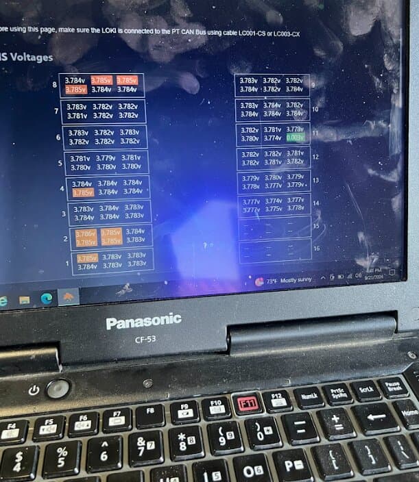 Battery cell voltages shown on a diagnostic laptop