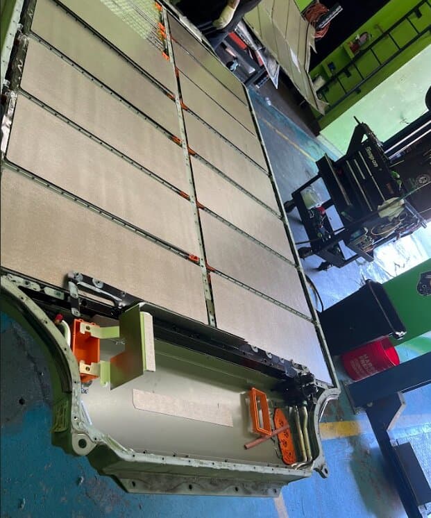 The side of an opened Tesla high-voltage battery pack
